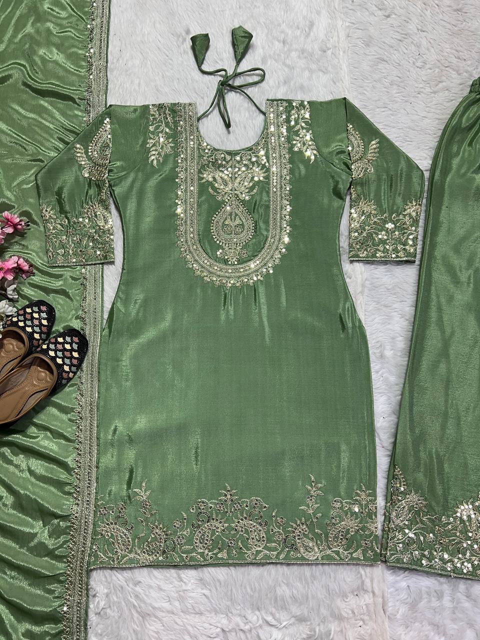 "Elegant Heavy Chinnon Silk Set with Intricate Embroidery & Coding Sequence Work"