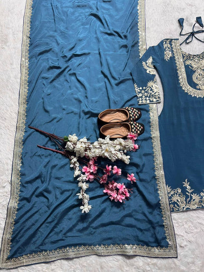 "Elegant Heavy Chinnon Silk Set with Intricate Embroidery & Coding Sequence Work"