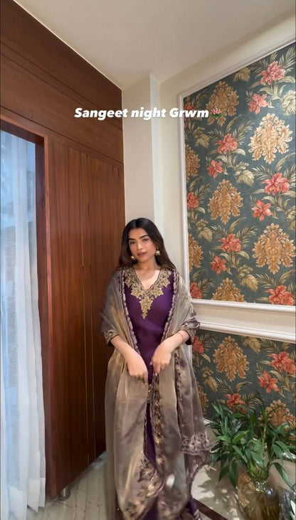"Elegant Pure Chinnon Silk Ensemble with Heavy Embroidery Sequence Work"