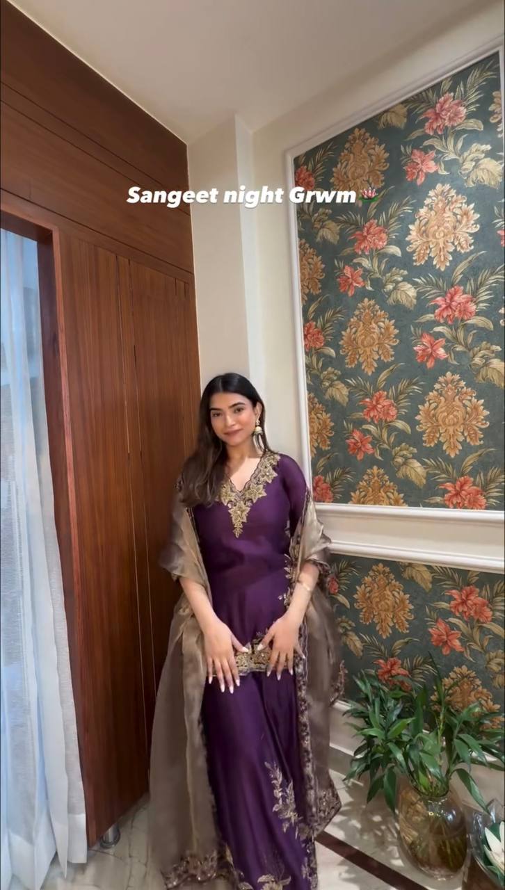 "Elegant Pure Chinnon Silk Ensemble with Heavy Embroidery Sequence Work"