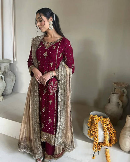 "Luxurious Fox Georgette Sequence & Moti Work Eid Suit with Embellished Dupatta"