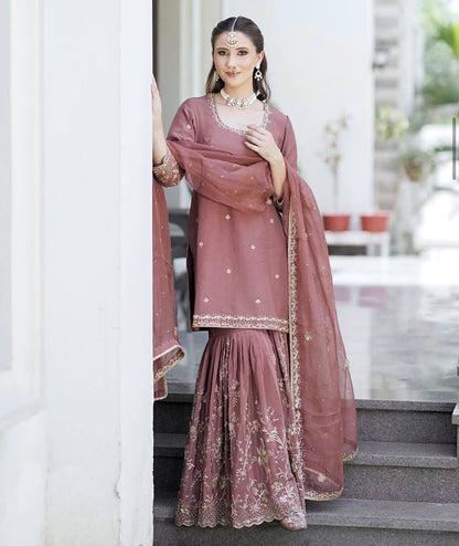 Elegant Pure Cinon Silk Embroidered Top, Sarara, and Dupatta Set