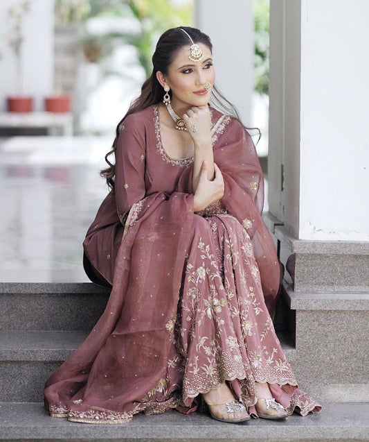 Elegant Pure Cinon Silk Embroidered Top, Sarara, and Dupatta Set