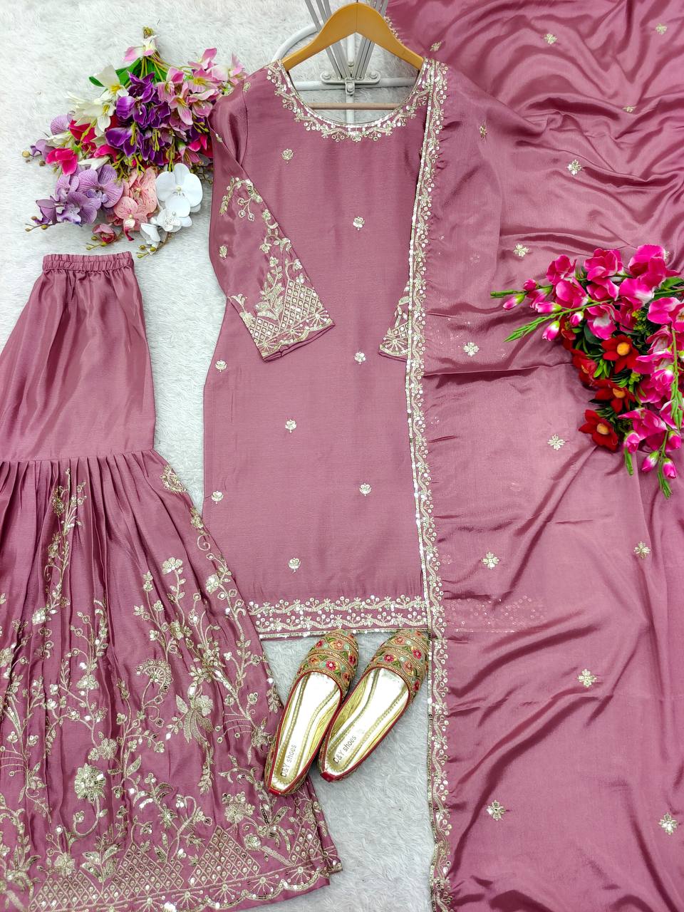Elegant Pure Cinon Silk Embroidered Top, Sarara, and Dupatta Set