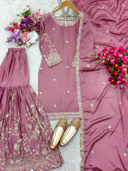 Elegant Pure Cinon Silk Embroidered Top, Sarara, and Dupatta Set