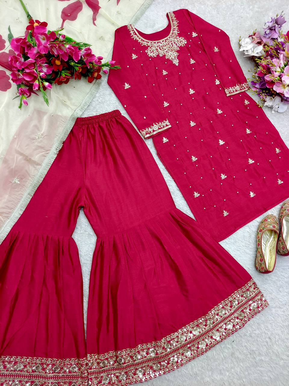 "Elegant Pure Cinon Silk Ensemble with Heavy Embroidery & Moti Work"