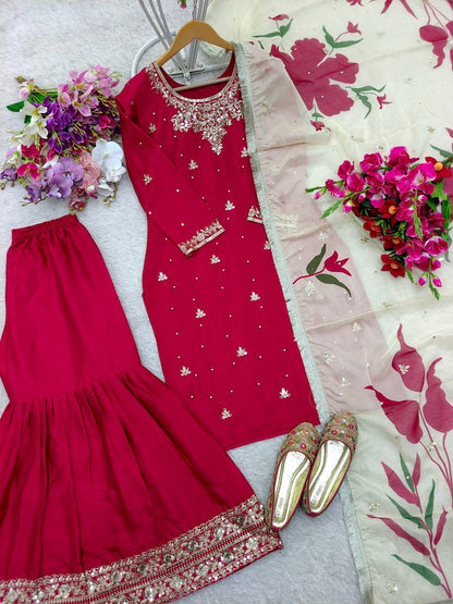 "Elegant Pure Cinon Silk Ensemble with Heavy Embroidery & Moti Work"