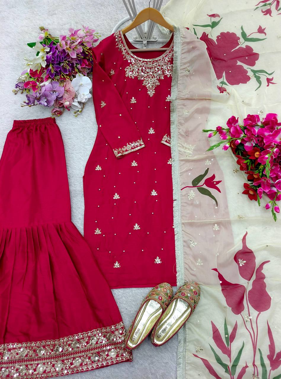 "Elegant Pure Cinon Silk Ensemble with Heavy Embroidery & Moti Work"
