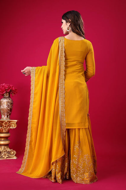 "Elegant Faux Georgette Embroidered Outfit with Plazzo and Dupatta"