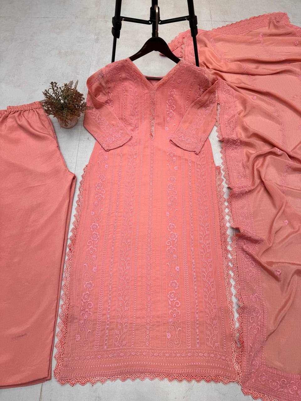 "Elegant Chinon Embroidered Top & Plazo Set with Silk Inner and GPO Lace Dupatta"