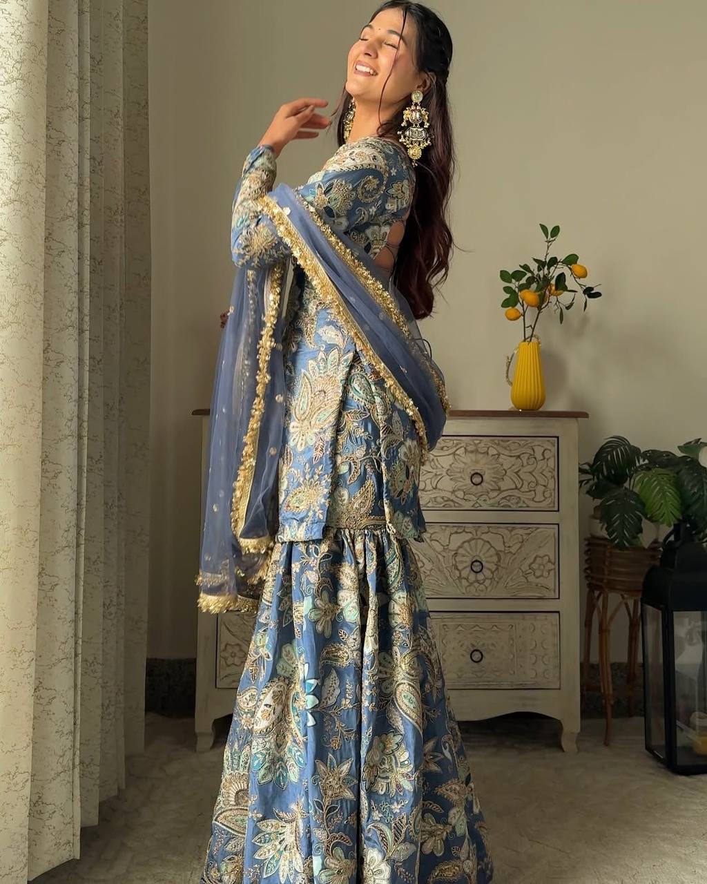 “Chinon Sequence Embroidered Suit Set with Sharara & Net Dupatta – Festive Elegance”