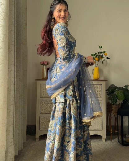 “Chinon Sequence Embroidered Suit Set with Sharara & Net Dupatta – Festive Elegance”