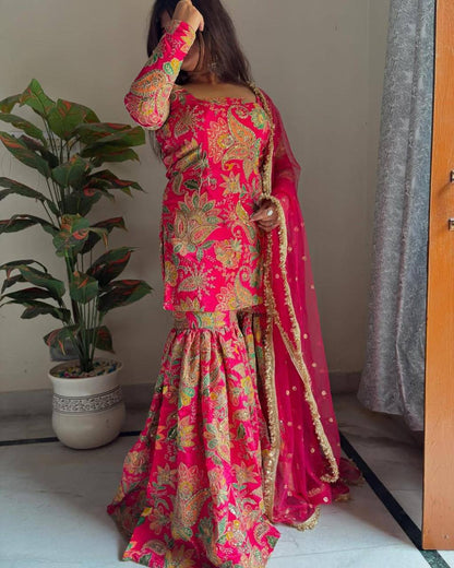 “Chinon Sequence Embroidered Suit Set with Sharara & Net Dupatta – Festive Elegance”