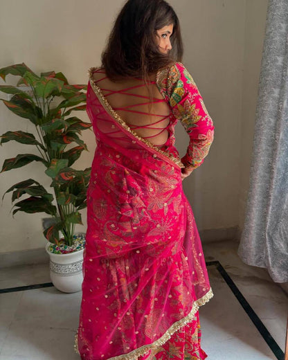 “Chinon Sequence Embroidered Suit Set with Sharara & Net Dupatta – Festive Elegance”