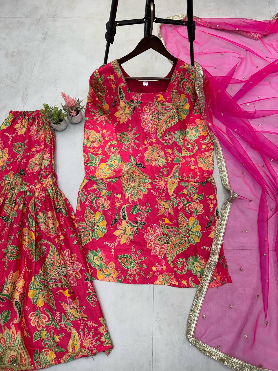“Chinon Sequence Embroidered Suit Set with Sharara & Net Dupatta – Festive Elegance”
