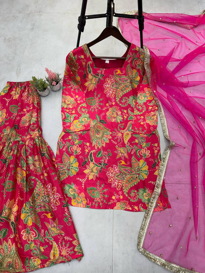 “Chinon Sequence Embroidered Suit Set with Sharara & Net Dupatta – Festive Elegance”