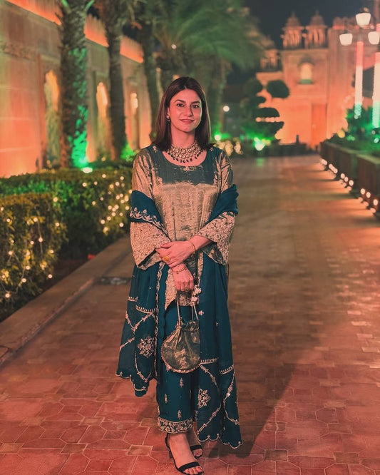 "Elegant Fendi Silk Ensemble with Sequin Embroidery - Top, Pant & Dupatta Set"