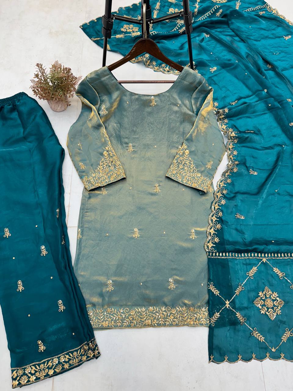 "Elegant Fendi Silk Ensemble with Sequin Embroidery - Top, Pant & Dupatta Set"