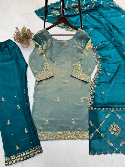 "Elegant Fendi Silk Ensemble with Sequin Embroidery - Top, Pant & Dupatta Set"