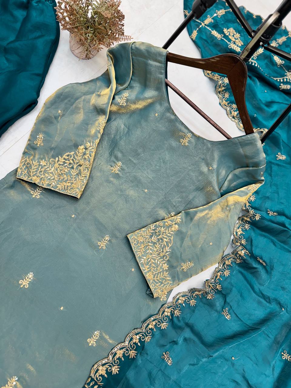 "Elegant Fendi Silk Ensemble with Sequin Embroidery - Top, Pant & Dupatta Set"