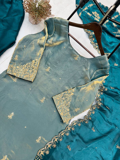 "Elegant Fendi Silk Ensemble with Sequin Embroidery - Top, Pant & Dupatta Set"