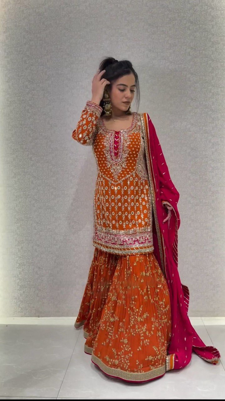 "Faux Georgette Top, Sharara & Dupatta Set – Sequin & Thread Work with Lace Border"