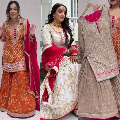 "Faux Georgette Top, Sharara & Dupatta Set – Sequin & Thread Work with Lace Border"