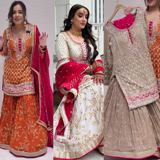 "Faux Georgette Top, Sharara & Dupatta Set – Sequin & Thread Work with Lace Border"