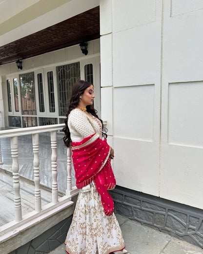 "Faux Georgette Top, Sharara & Dupatta Set – Sequin & Thread Work with Lace Border"