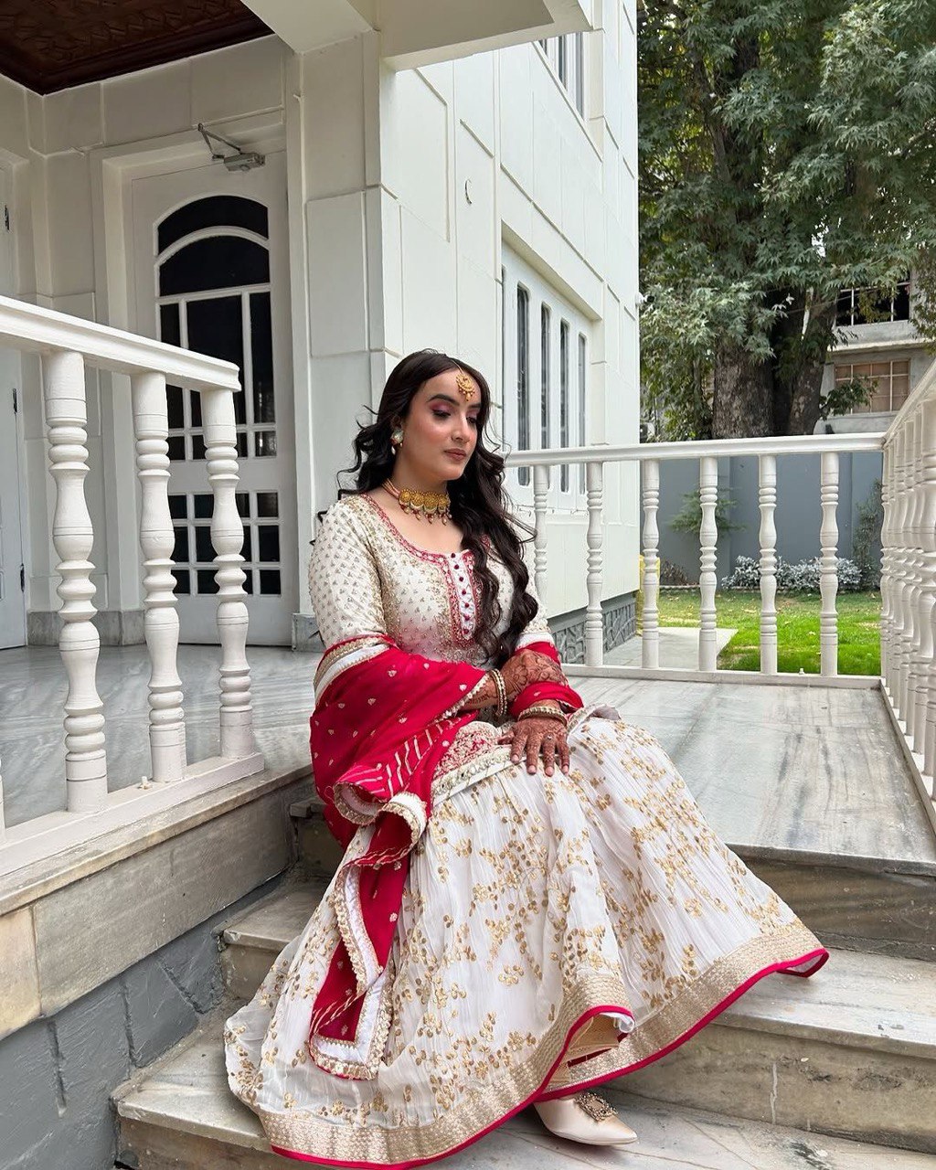 "Faux Georgette Top, Sharara & Dupatta Set – Sequin & Thread Work with Lace Border"