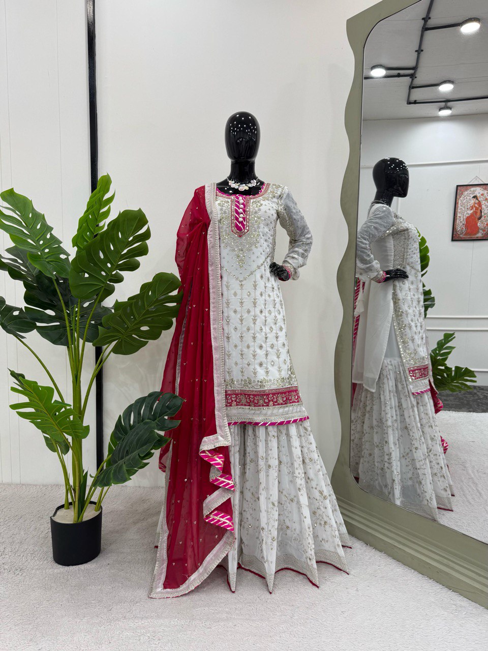 "Faux Georgette Top, Sharara & Dupatta Set – Sequin & Thread Work with Lace Border"