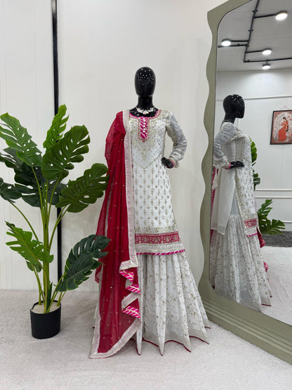 "Faux Georgette Top, Sharara & Dupatta Set – Sequin & Thread Work with Lace Border"