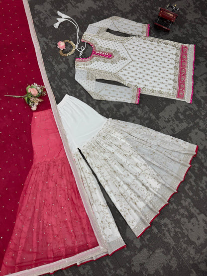 "Faux Georgette Top, Sharara & Dupatta Set – Sequin & Thread Work with Lace Border"