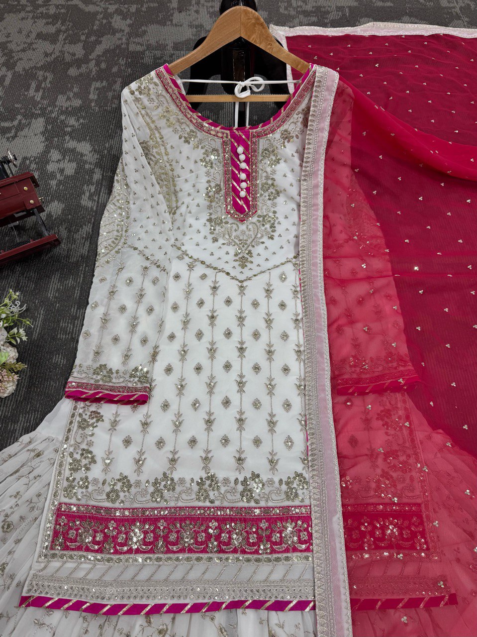 "Faux Georgette Top, Sharara & Dupatta Set – Sequin & Thread Work with Lace Border"