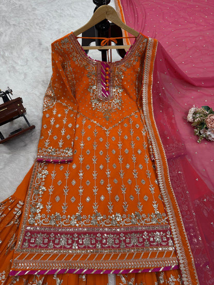 "Faux Georgette Top, Sharara & Dupatta Set – Sequin & Thread Work with Lace Border"