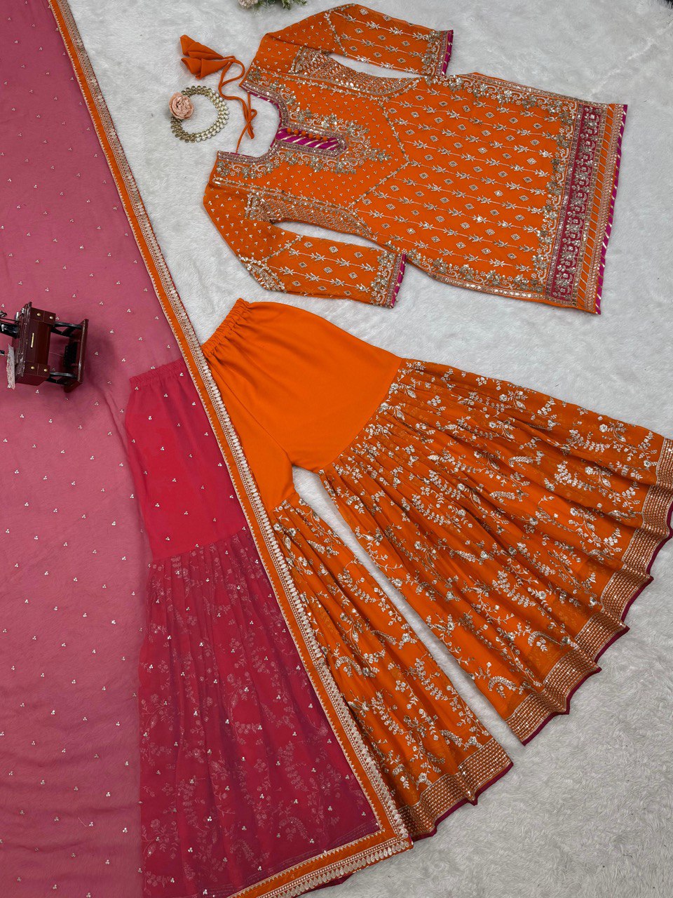 "Faux Georgette Top, Sharara & Dupatta Set – Sequin & Thread Work with Lace Border"