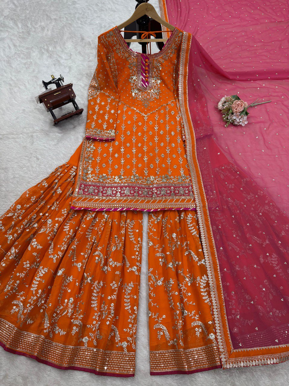 "Faux Georgette Top, Sharara & Dupatta Set – Sequin & Thread Work with Lace Border"