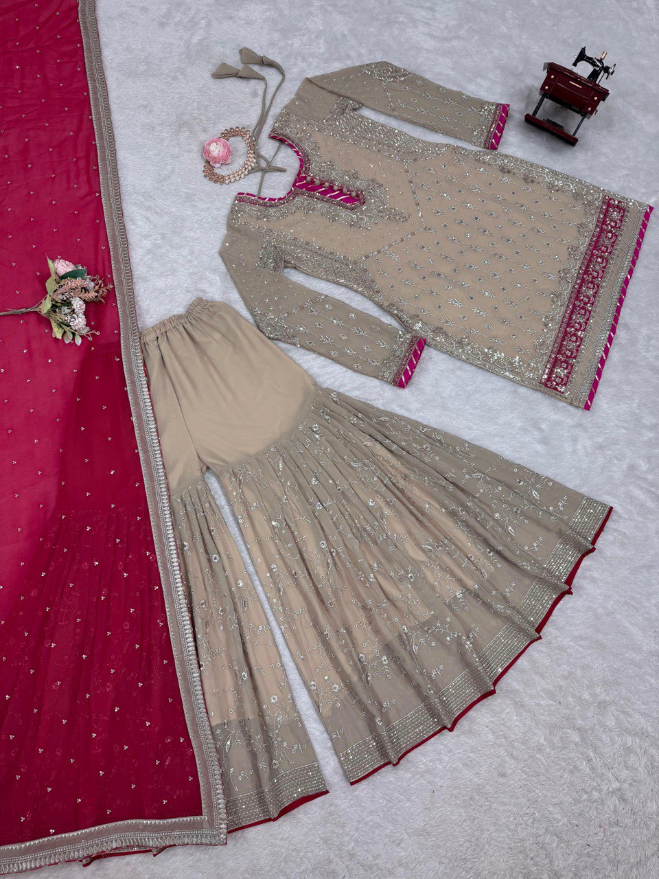 "Faux Georgette Top, Sharara & Dupatta Set – Sequin & Thread Work with Lace Border"
