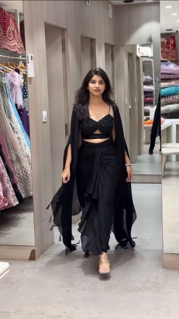 "Elegant Satin Silk Choli with Dhoti & Srug – Thread & Sequin Work, Ready-to-Wear"