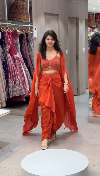 "Elegant Satin Silk Choli with Dhoti & Srug – Thread & Sequin Work, Ready-to-Wear"