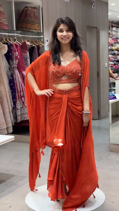 "Elegant Satin Silk Choli with Dhoti & Srug – Thread & Sequin Work, Ready-to-Wear"