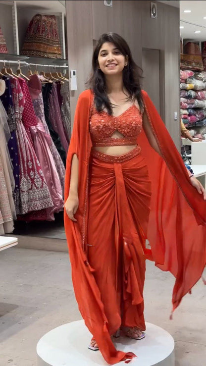 "Elegant Satin Silk Choli with Dhoti & Srug – Thread & Sequin Work, Ready-to-Wear"