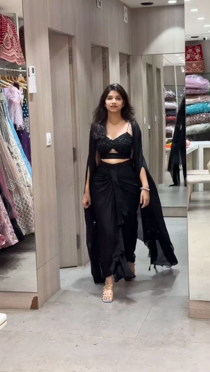 "Elegant Satin Silk Choli with Dhoti & Srug – Thread & Sequin Work, Ready-to-Wear"