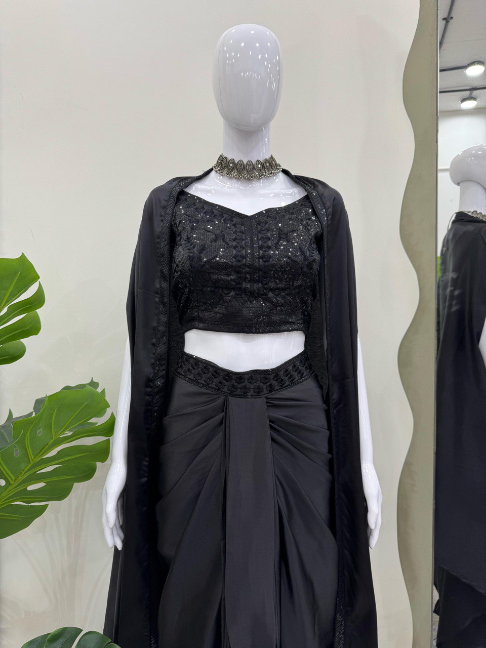 "Elegant Satin Silk Choli with Dhoti & Srug – Thread & Sequin Work, Ready-to-Wear"