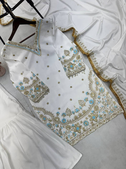 "Luxurious Crepe Silk Sequin Embroidered Sharara Set with Lace Details"
