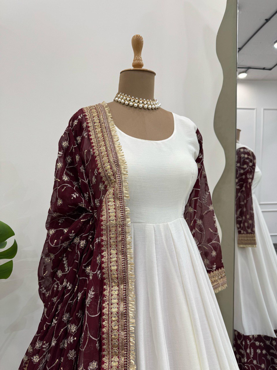 "Elegant Chinon Silk Top with Faux Georgette Dupatta – Thread & Sequin Work with Lace Border"
