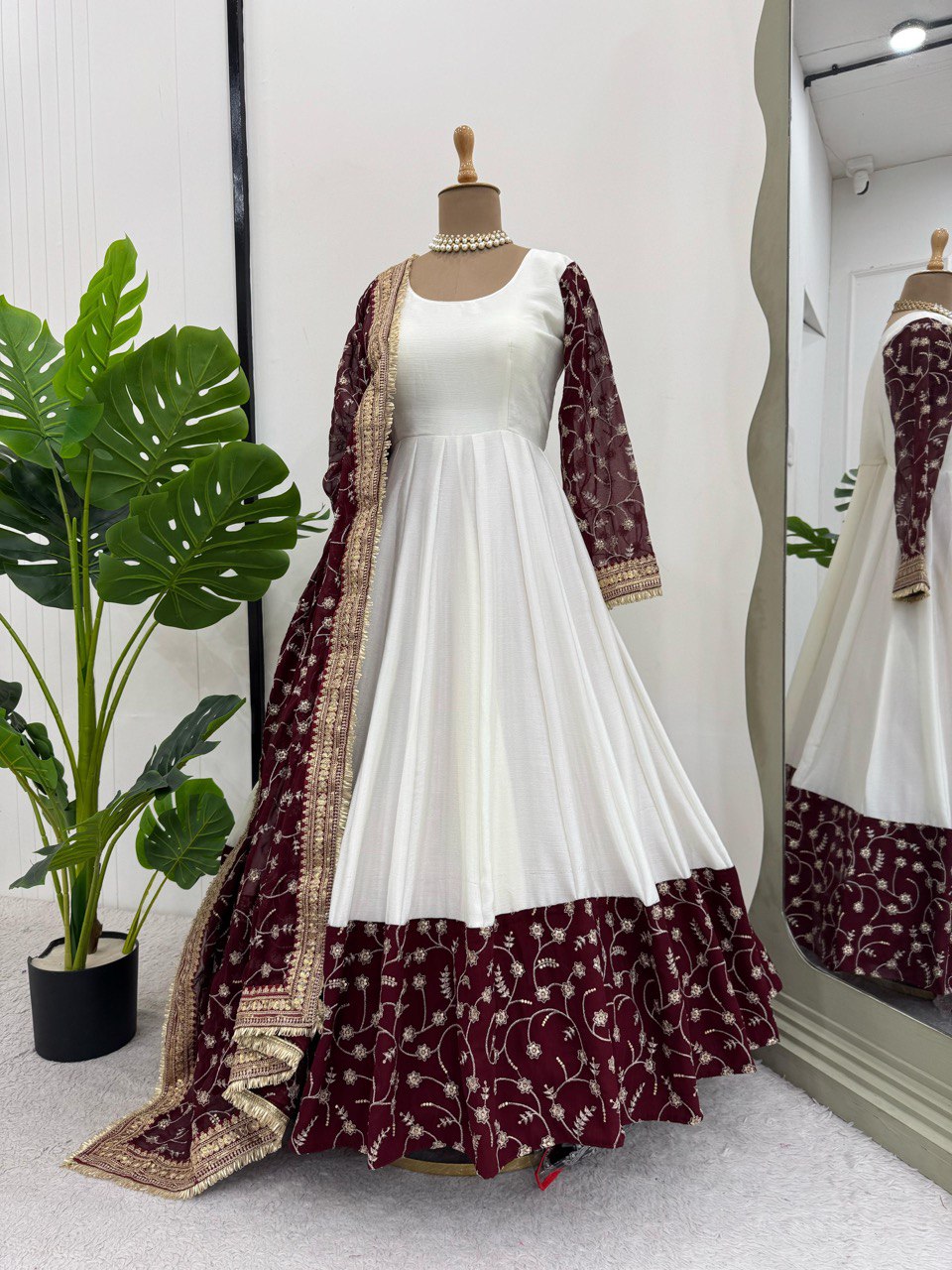 "Elegant Chinon Silk Top with Faux Georgette Dupatta – Thread & Sequin Work with Lace Border"