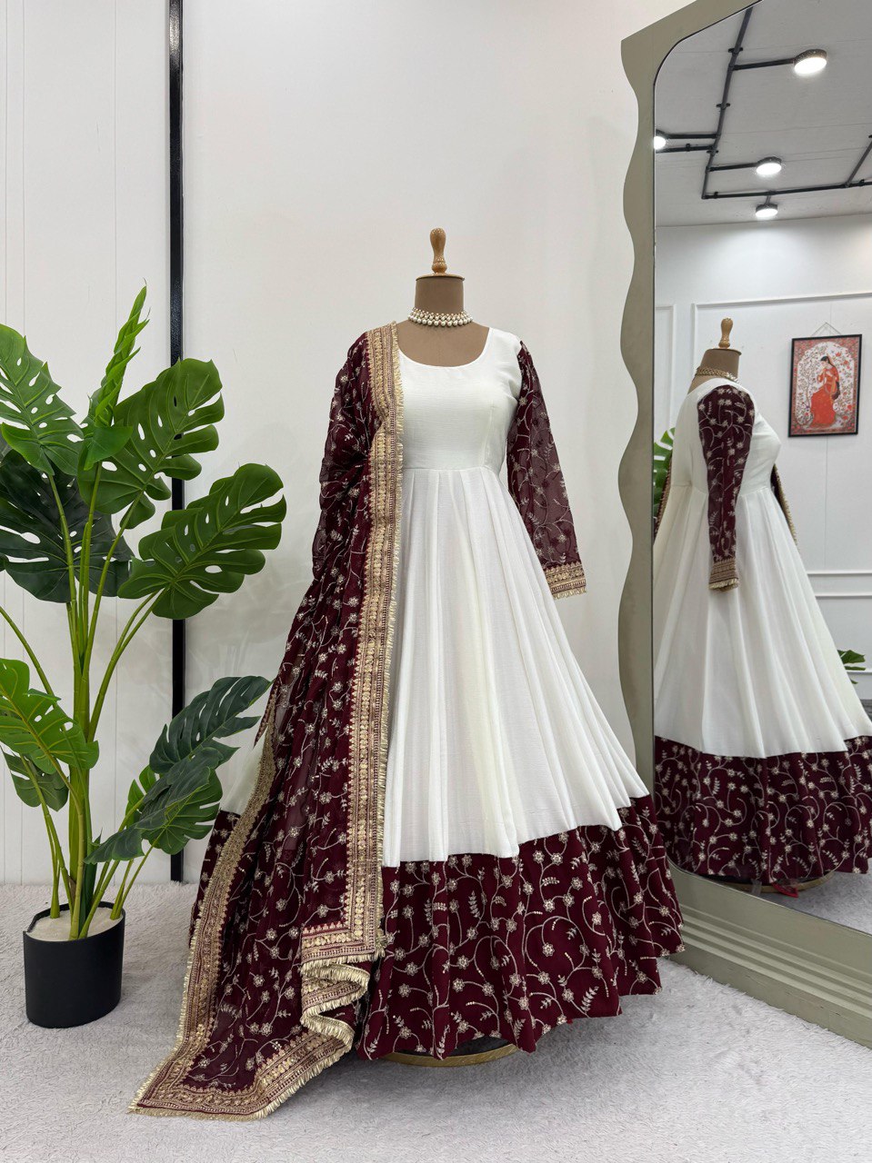 "Elegant Chinon Silk Top with Faux Georgette Dupatta – Thread & Sequin Work with Lace Border"