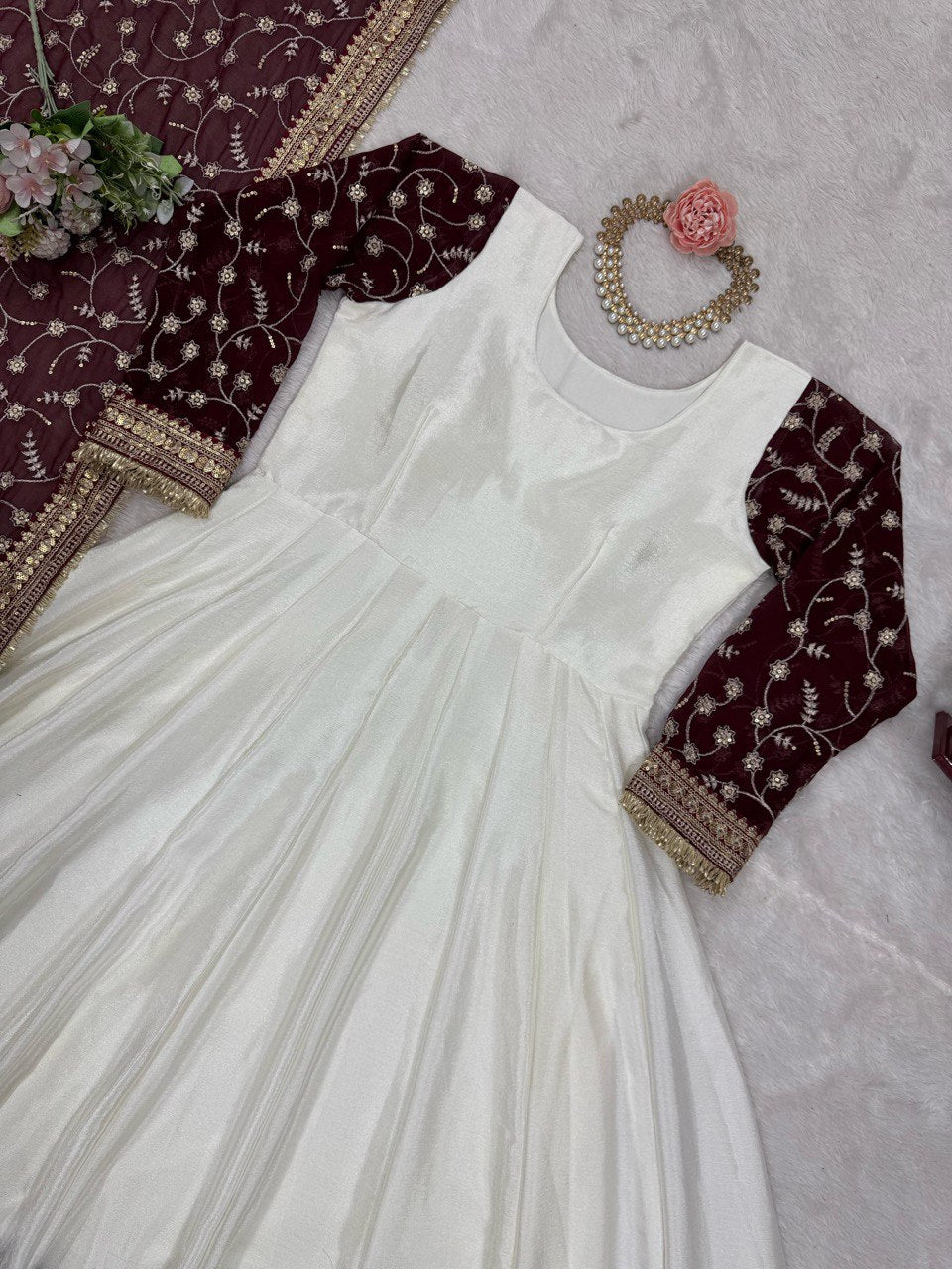 "Elegant Chinon Silk Top with Faux Georgette Dupatta – Thread & Sequin Work with Lace Border"