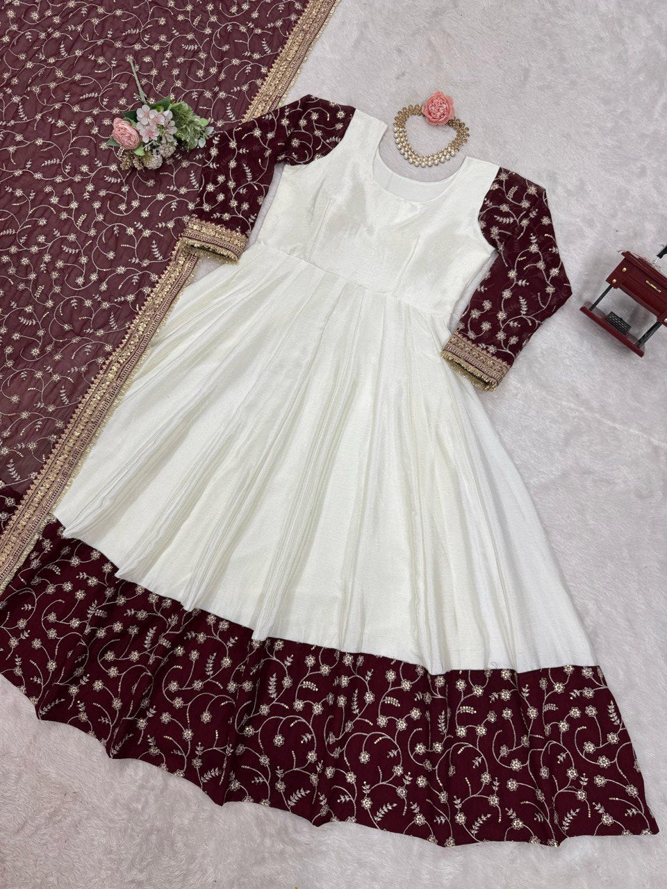 "Elegant Chinon Silk Top with Faux Georgette Dupatta – Thread & Sequin Work with Lace Border"
